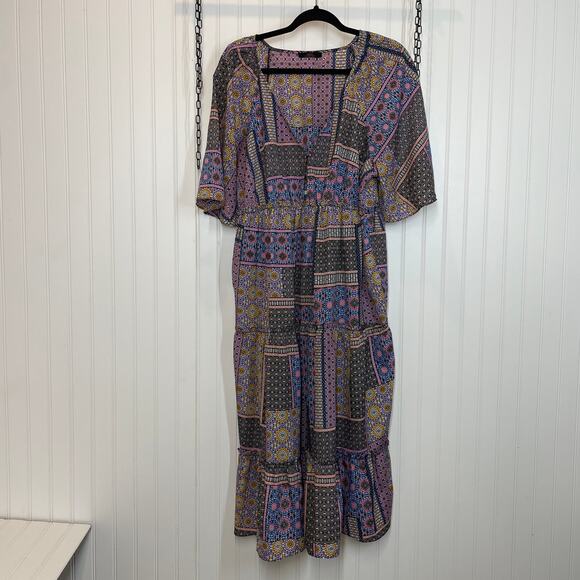 Trina Turk Sivas Dress Midi Dress Multicolor V-Neck Tiered Fit & Flare Size L - Picture 1 of 9